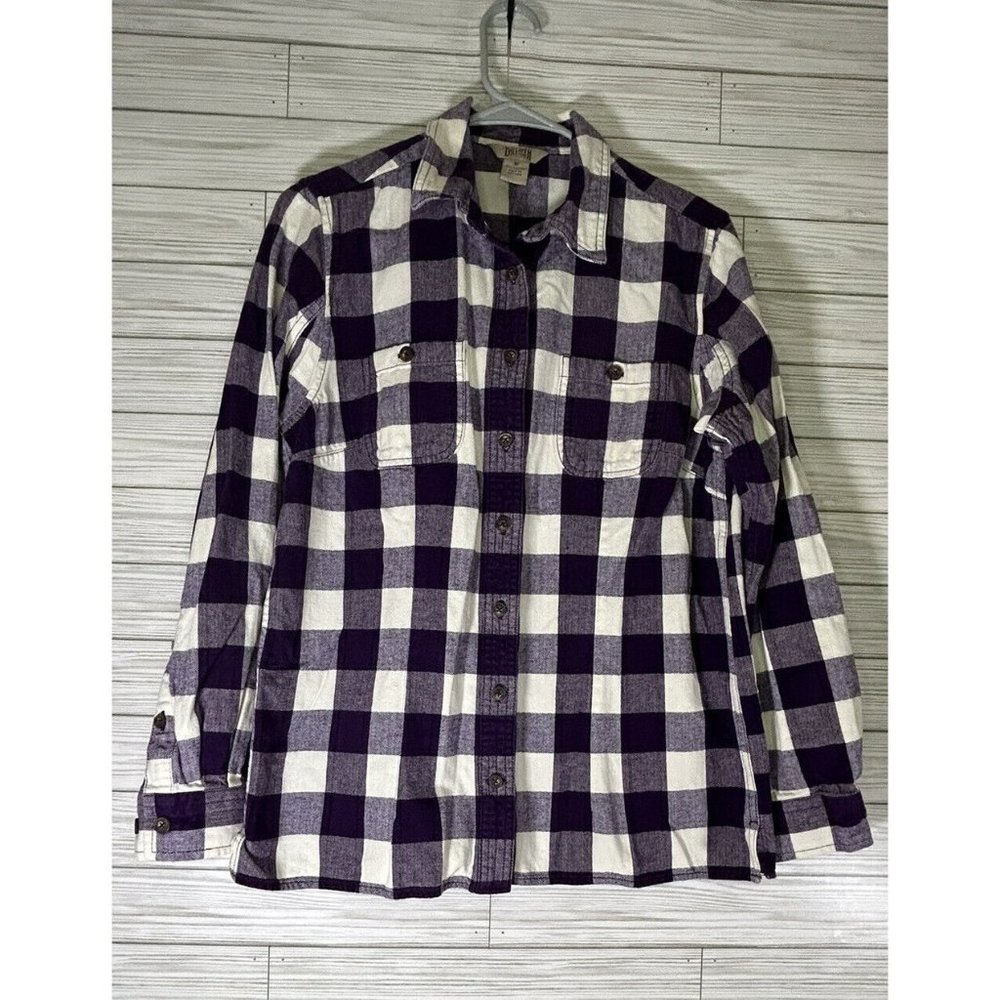 Duluth Trading Womens Medium Button Up Flannel Purple White Shirt Cotton Plaid
